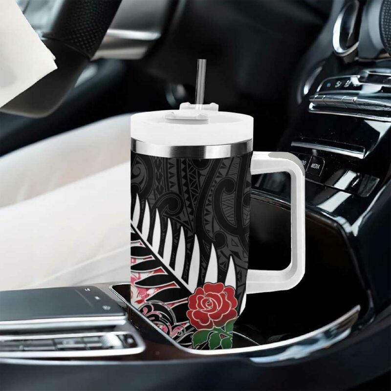 New Zealand and England Rugby Silver Fern With Red Rose Custom Stanley Quencher 40oz Stainless Steel Tumbler With Handle - Threewoofs - Image 8