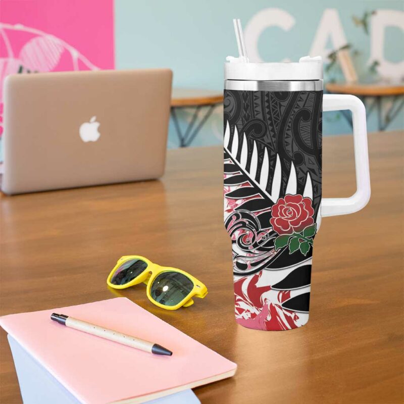 New Zealand and England Rugby Silver Fern With Red Rose Custom Stanley Quencher 40oz Stainless Steel Tumbler With Handle - Threewoofs - Image 5