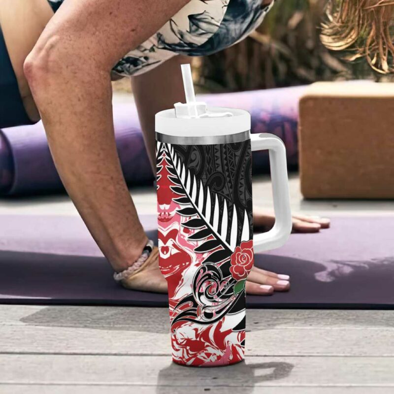 New Zealand and England Rugby Silver Fern With Red Rose Custom Stanley Quencher 40oz Stainless Steel Tumbler With Handle - Threewoofs - Image 6