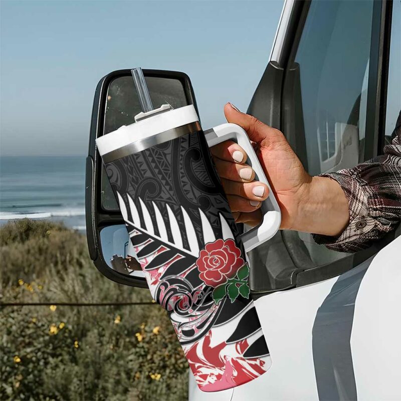 New Zealand and England Rugby Silver Fern With Red Rose Custom Stanley Quencher 40oz Stainless Steel Tumbler With Handle - Threewoofs - Image 7
