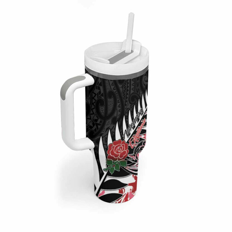 New Zealand and England Rugby Silver Fern With Red Rose Custom Stanley Quencher 40oz Stainless Steel Tumbler With Handle - Threewoofs - Image 2