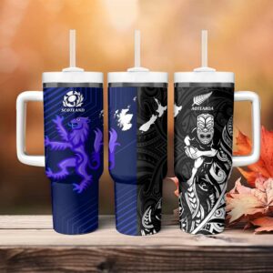 New Zealand and Scotland Rugby All Black Maori With Thistle Together Custom Stanley Quencher 40oz Stainless Steel Tumbler With Handle - Threewoofs