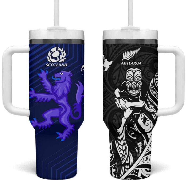 New Zealand and Scotland Rugby All Black Maori With Thistle Together Custom Stanley Quencher 40oz Stainless Steel Tumbler With Handle - Threewoofs - Image 2