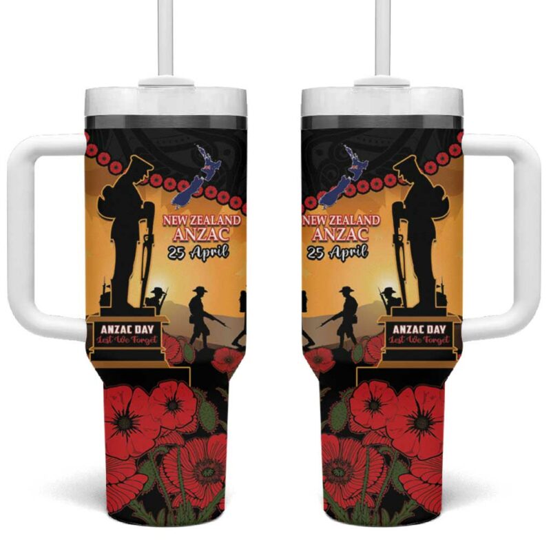 New Zealand Anzac Maori Camouflage Mix Poppies We Will Remember Them Custom Stanley Quencher 40oz Stainless Steel Tumbler With Handle - Threewoofs - Image 2