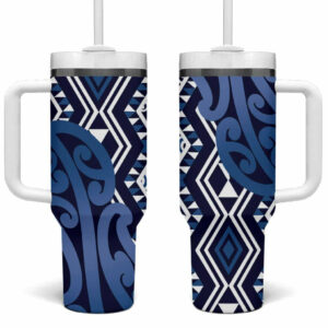 New Zealand Aotearoa Kowhaiwhai Mix Taniko Art Blue Custom Stanley Quencher 40oz Stainless Steel Tumbler With Handle - Threewoofs