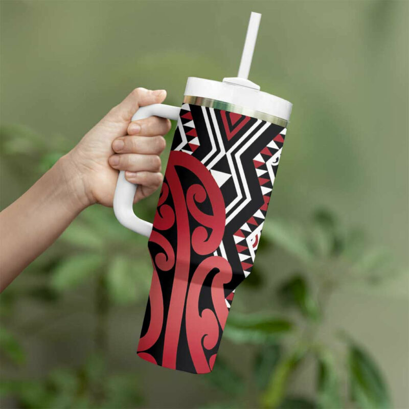 New Zealand Aotearoa Kowhaiwhai Mix Taniko Art Red Custom Stanley Quencher 40oz Stainless Steel Tumbler With Handle - Threewoofs - Image 3