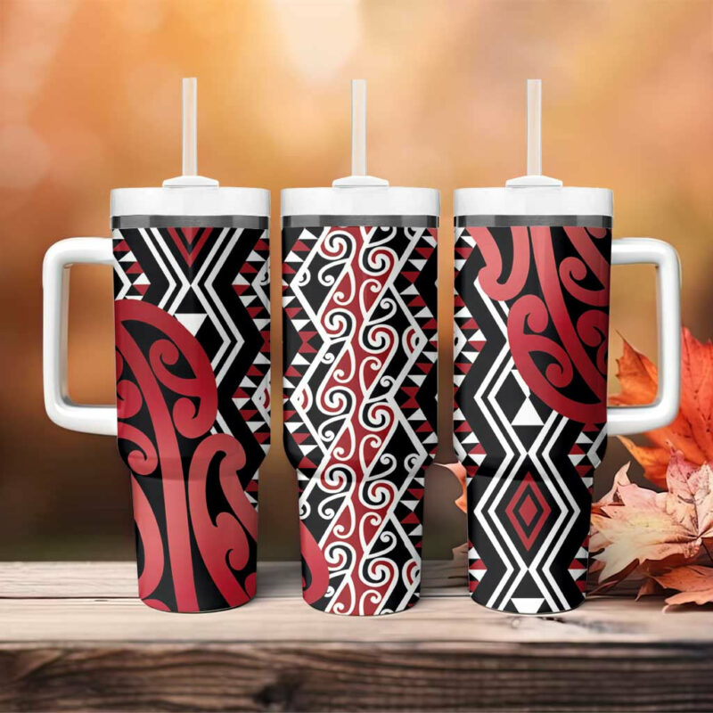 New Zealand Aotearoa Kowhaiwhai Mix Taniko Art Red Custom Stanley Quencher 40oz Stainless Steel Tumbler With Handle - Threewoofs - Image 4