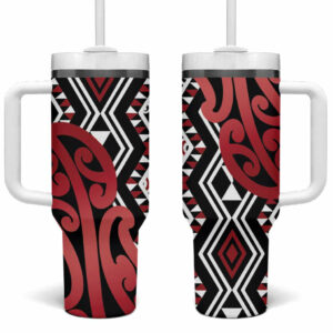 New Zealand Aotearoa Kowhaiwhai Mix Taniko Art Red Custom Stanley Quencher 40oz Stainless Steel Tumbler With Handle - Threewoofs