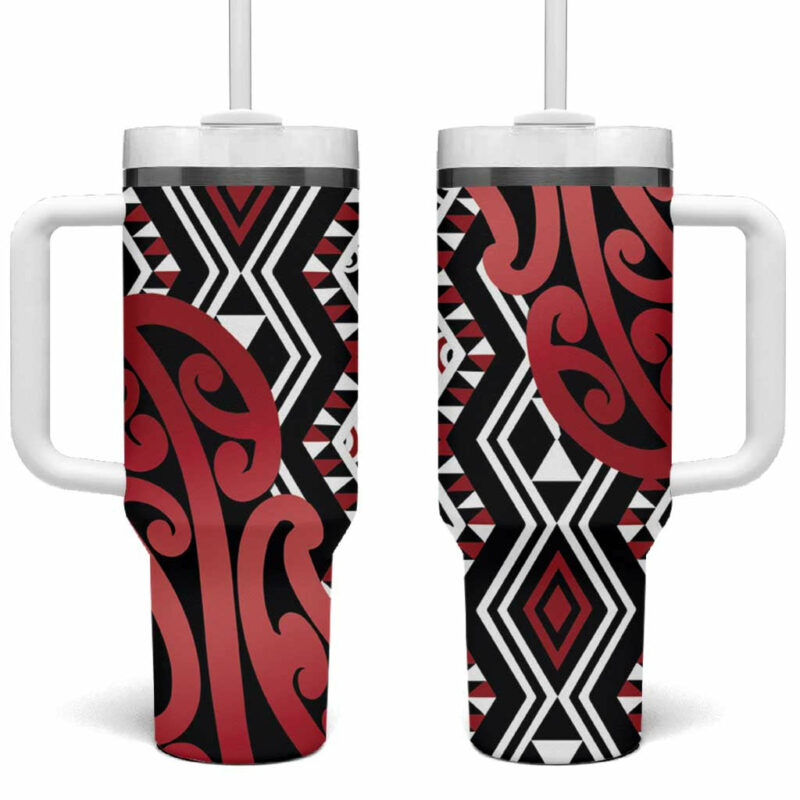New Zealand Aotearoa Kowhaiwhai Mix Taniko Art Red Custom Stanley Quencher 40oz Stainless Steel Tumbler With Handle - Threewoofs