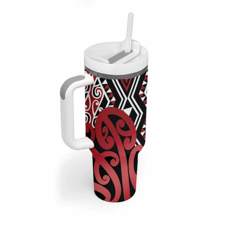 New Zealand Aotearoa Kowhaiwhai Mix Taniko Art Red Custom Stanley Quencher 40oz Stainless Steel Tumbler With Handle - Threewoofs - Image 2