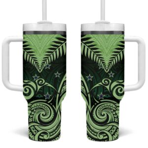 New Zealand Aotearoa Maori Kiwi Green Fern Custom Stanley Quencher 40oz Stainless Steel Tumbler With Handle - Threewoofs