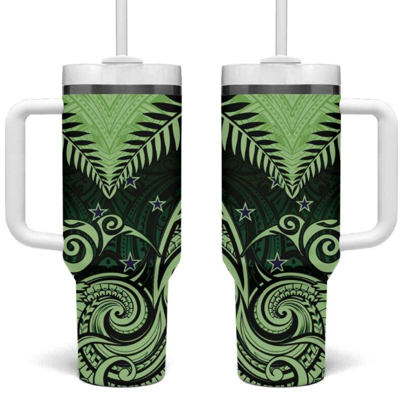 New Zealand Aotearoa Maori Kiwi Green Fern Custom Stanley Quencher 40oz Stainless Steel Tumbler With Handle - Threewoofs