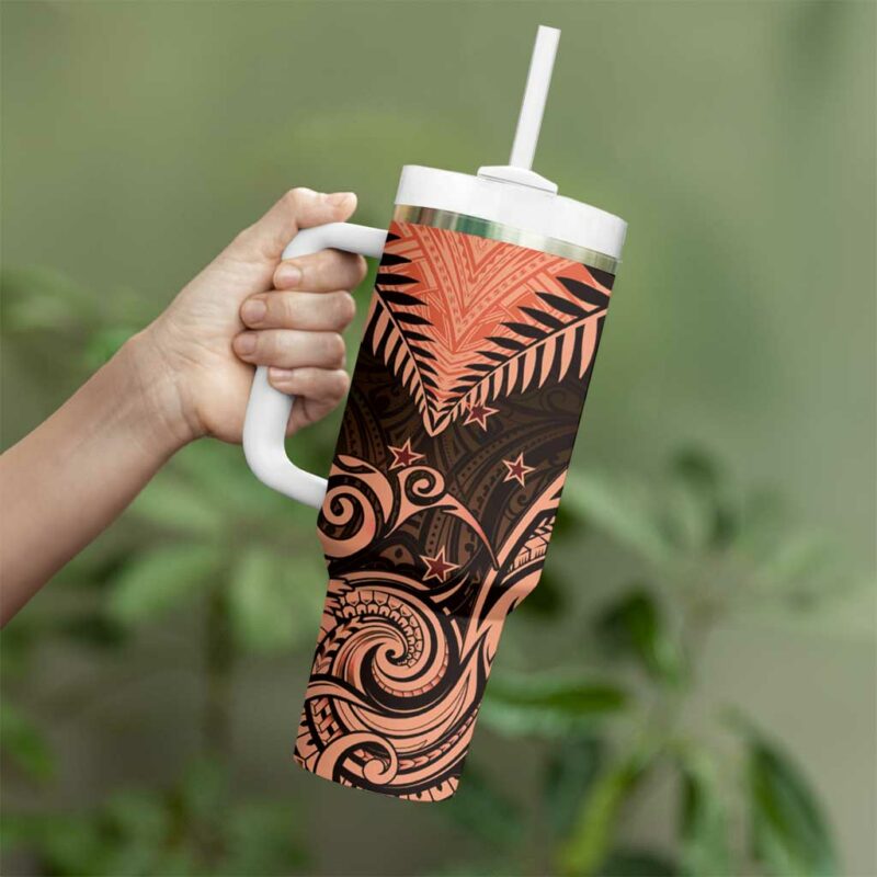 New Zealand Aotearoa Maori Kiwi Orange Fern Custom Stanley Quencher 40oz Stainless Steel Tumbler With Handle - Threewoofs - Image 3