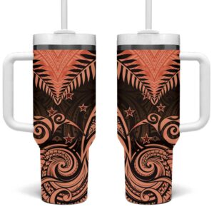 New Zealand Aotearoa Maori Kiwi Orange Fern Custom Stanley Quencher 40oz Stainless Steel Tumbler With Handle - Threewoofs