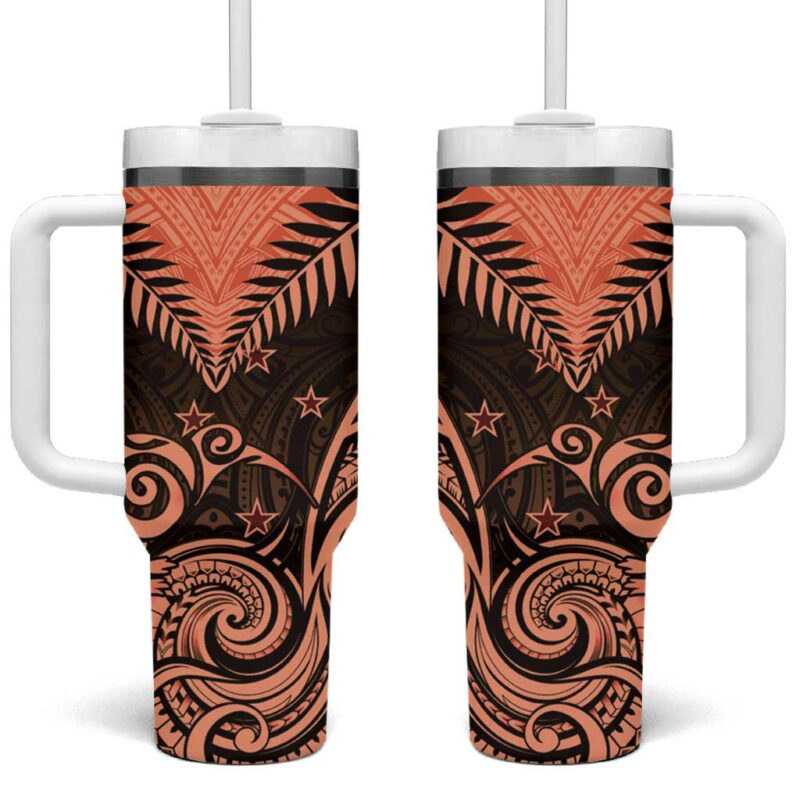 New Zealand Aotearoa Maori Kiwi Orange Fern Custom Stanley Quencher 40oz Stainless Steel Tumbler With Handle - Threewoofs