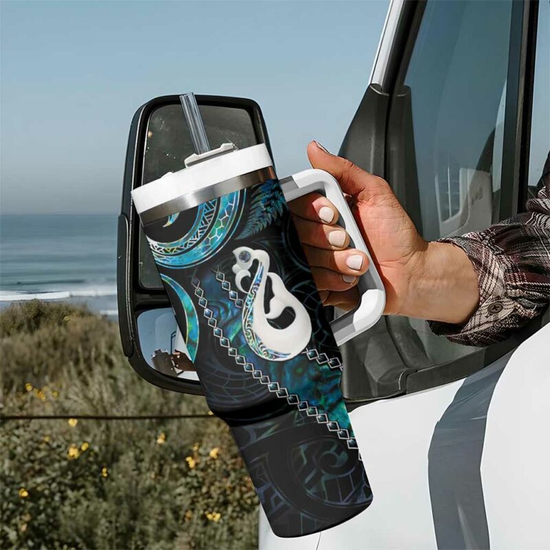 New Zealand Aotearoa Maori Manaia Paua Shell Glitter Turquoise Custom Stanley Quencher 40oz Stainless Steel Tumbler With Handle - Threewoofs - Image 7