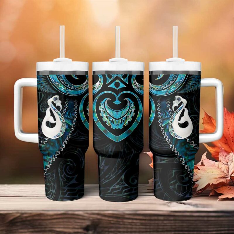 New Zealand Aotearoa Maori Manaia Paua Shell Glitter Turquoise Custom Stanley Quencher 40oz Stainless Steel Tumbler With Handle - Threewoofs - Image 4