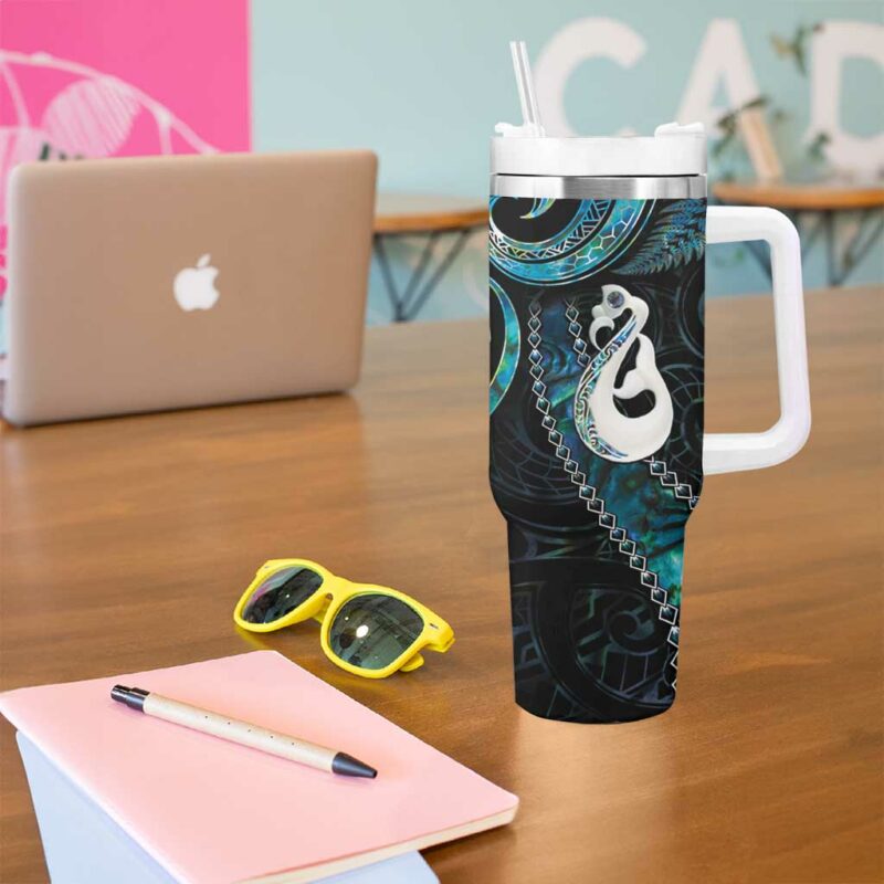 New Zealand Aotearoa Maori Manaia Paua Shell Glitter Turquoise Custom Stanley Quencher 40oz Stainless Steel Tumbler With Handle - Threewoofs - Image 5