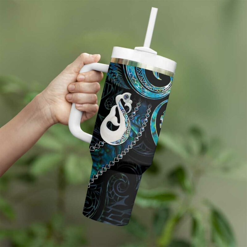 New Zealand Aotearoa Maori Manaia Paua Shell Glitter Turquoise Custom Stanley Quencher 40oz Stainless Steel Tumbler With Handle - Threewoofs - Image 3