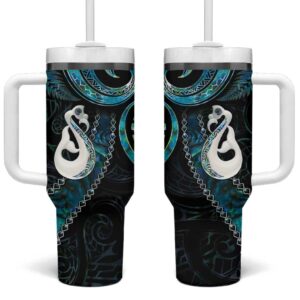 New Zealand Aotearoa Maori Manaia Paua Shell Glitter Turquoise Custom Stanley Quencher 40oz Stainless Steel Tumbler With Handle - Threewoofs