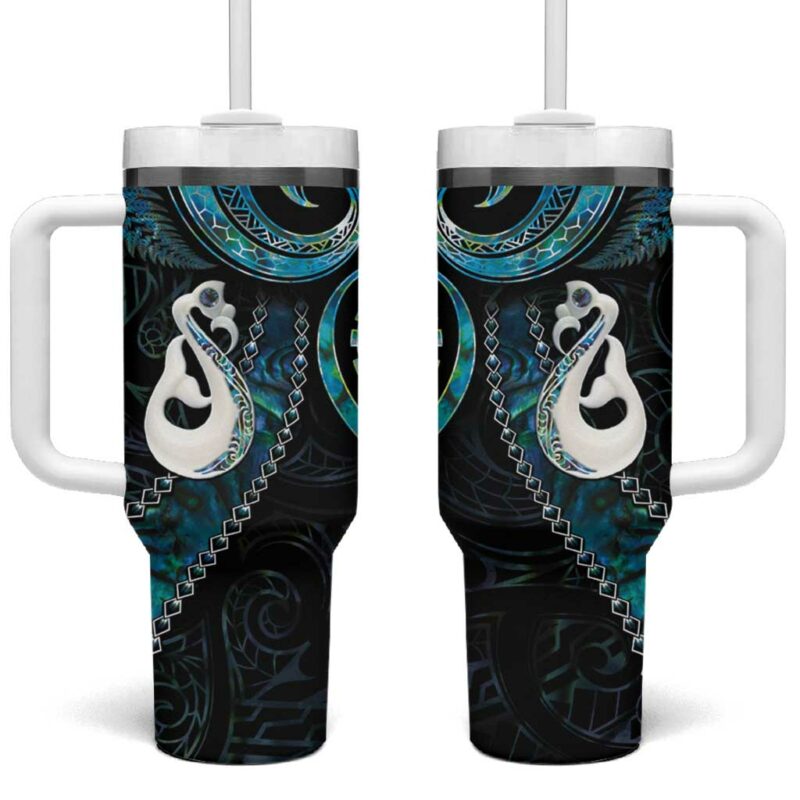 New Zealand Aotearoa Maori Manaia Paua Shell Glitter Turquoise Custom Stanley Quencher 40oz Stainless Steel Tumbler With Handle - Threewoofs