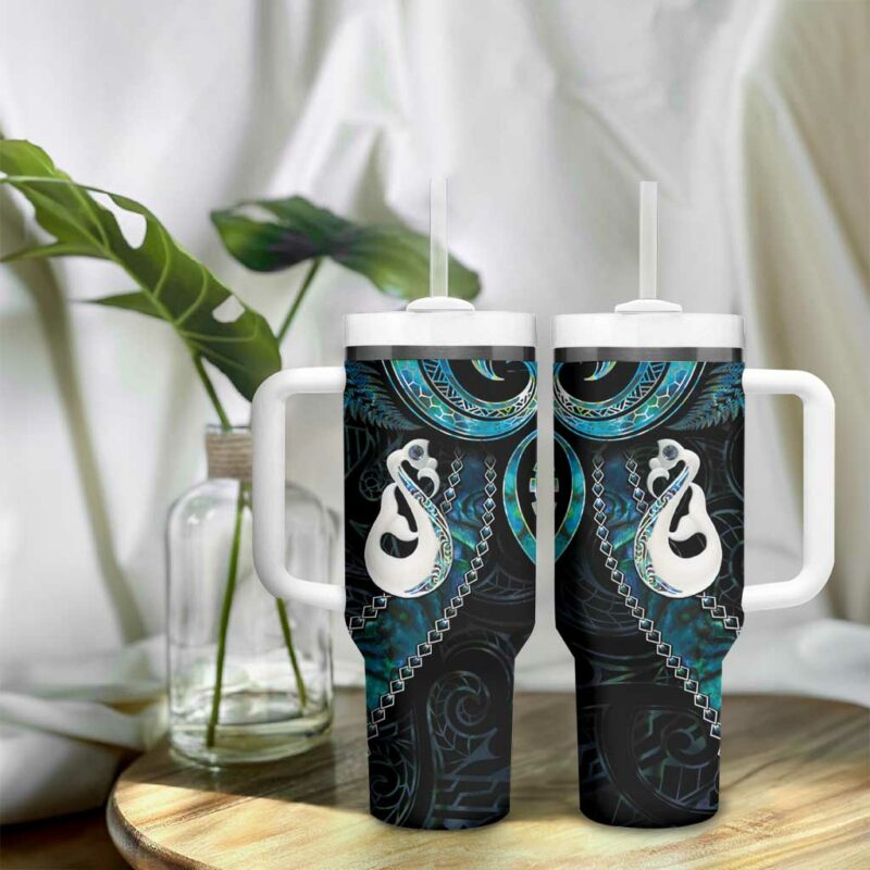 New Zealand Aotearoa Maori Manaia Paua Shell Glitter Turquoise Custom Stanley Quencher 40oz Stainless Steel Tumbler With Handle - Threewoofs - Image 9
