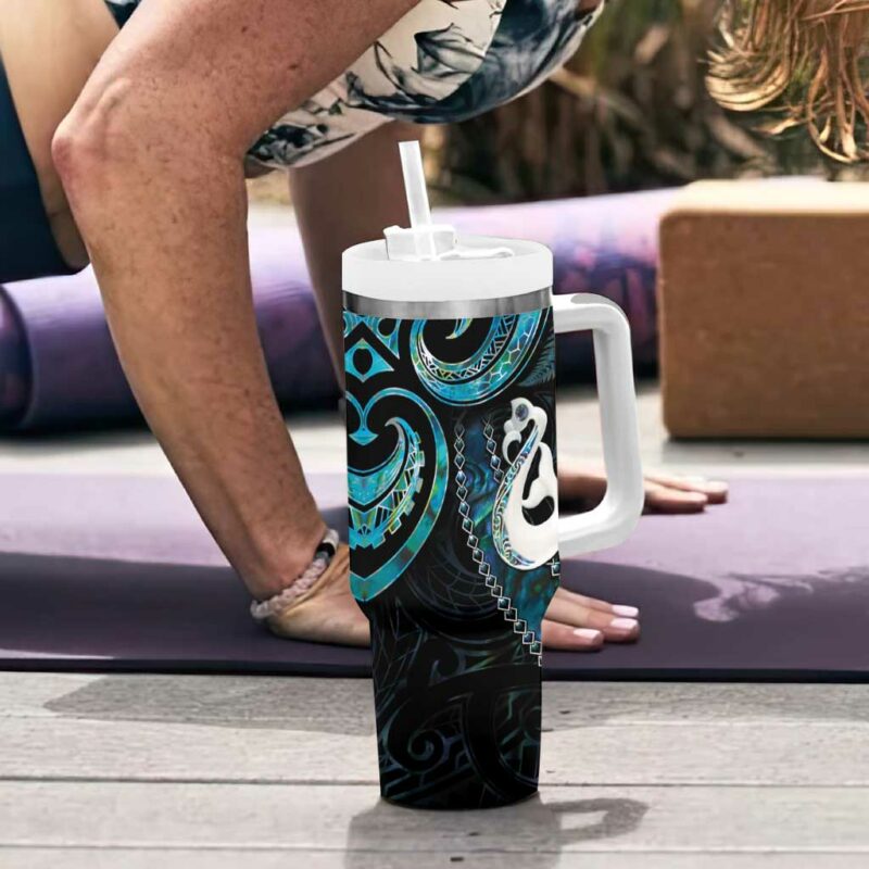 New Zealand Aotearoa Maori Manaia Paua Shell Glitter Turquoise Custom Stanley Quencher 40oz Stainless Steel Tumbler With Handle - Threewoofs - Image 6