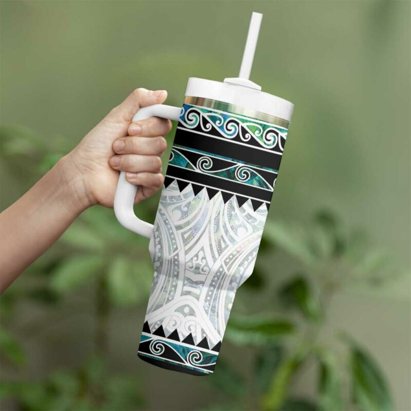 New Zealand Aotearoa With Paua Shell Kowhaiwhai Custom Stanley Quencher 40oz Stainless Steel Tumbler With Handle - Threewoofs - Image 3
