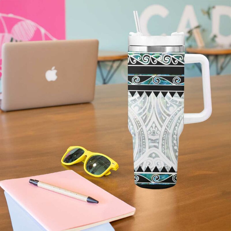 New Zealand Aotearoa With Paua Shell Kowhaiwhai Custom Stanley Quencher 40oz Stainless Steel Tumbler With Handle - Threewoofs - Image 5