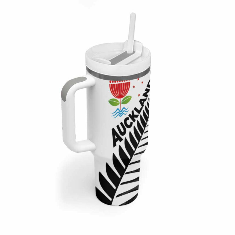 New Zealand Auckland Auckland‚Äôs Emblem and Silver Ferns Maori Art Tattoo Custom Stanley Quencher 40oz Stainless Steel Tumbler With Handle - Threewoofs - Image 2