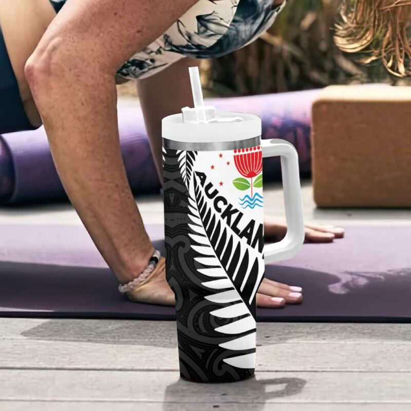New Zealand Auckland Auckland‚Äôs Emblem and Silver Ferns Maori Art Tattoo Custom Stanley Quencher 40oz Stainless Steel Tumbler With Handle - Threewoofs - Image 6