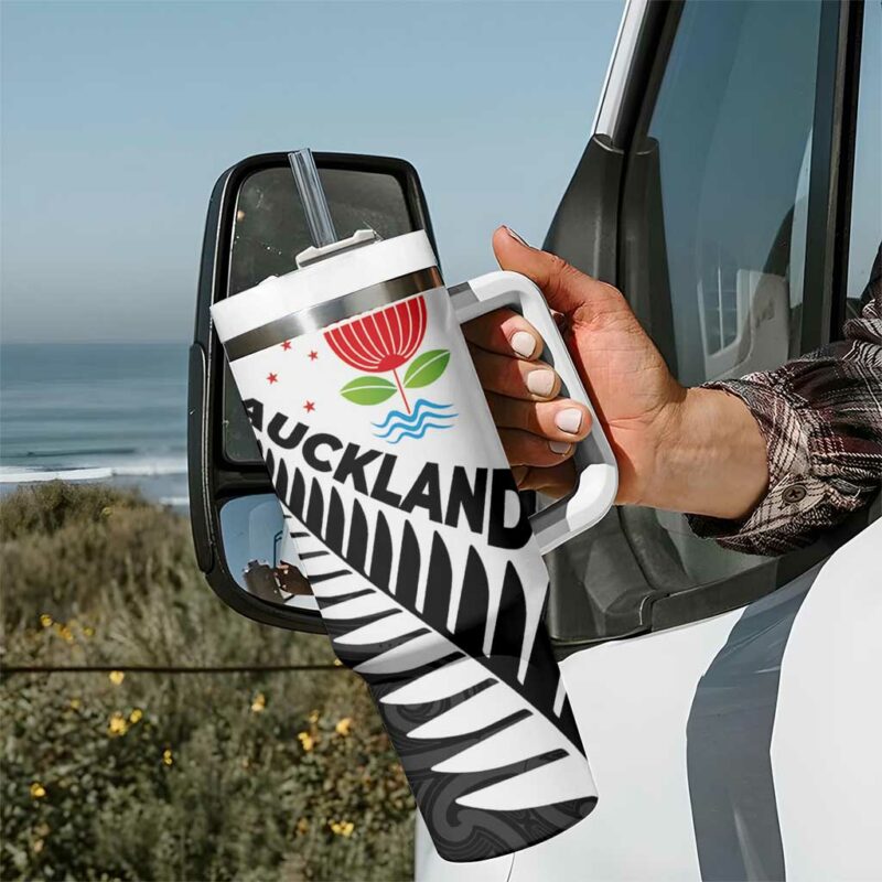 New Zealand Auckland Auckland‚Äôs Emblem and Silver Ferns Maori Art Tattoo Custom Stanley Quencher 40oz Stainless Steel Tumbler With Handle - Threewoofs - Image 7