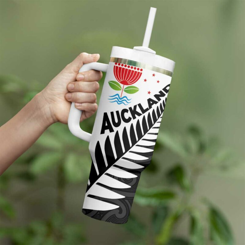 New Zealand Auckland Auckland‚Äôs Emblem and Silver Ferns Maori Art Tattoo Custom Stanley Quencher 40oz Stainless Steel Tumbler With Handle - Threewoofs - Image 3
