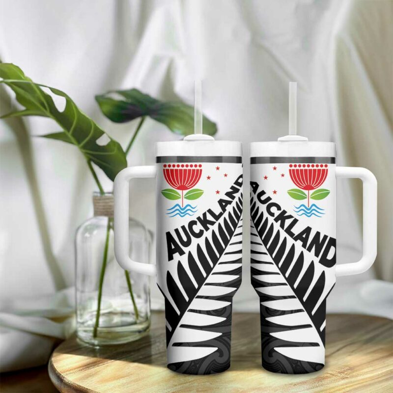 New Zealand Auckland Auckland‚Äôs Emblem and Silver Ferns Maori Art Tattoo Custom Stanley Quencher 40oz Stainless Steel Tumbler With Handle - Threewoofs - Image 9