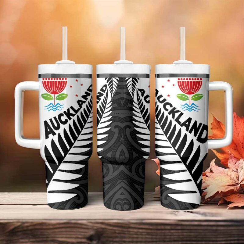 New Zealand Auckland Auckland‚Äôs Emblem and Silver Ferns Maori Art Tattoo Custom Stanley Quencher 40oz Stainless Steel Tumbler With Handle - Threewoofs - Image 4