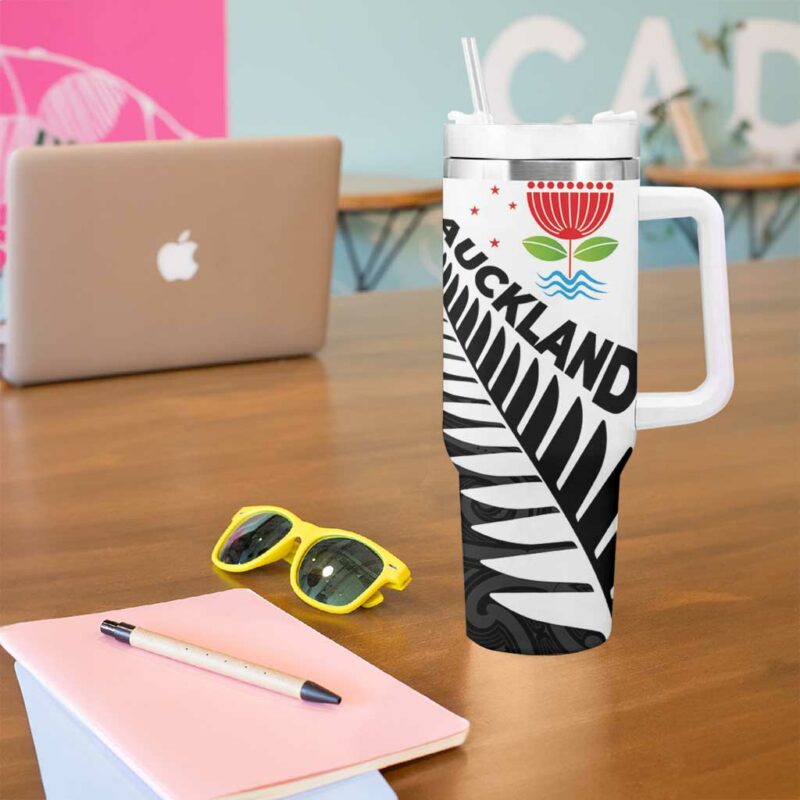 New Zealand Auckland Auckland‚Äôs Emblem and Silver Ferns Maori Art Tattoo Custom Stanley Quencher 40oz Stainless Steel Tumbler With Handle - Threewoofs - Image 5