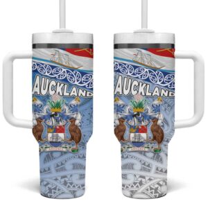 New Zealand Auckland‚Äôs Flag and Coat of Arms Koru Art Maori Custom Stanley Quencher 40oz Stainless Steel Tumbler With Handle - Threewoofs