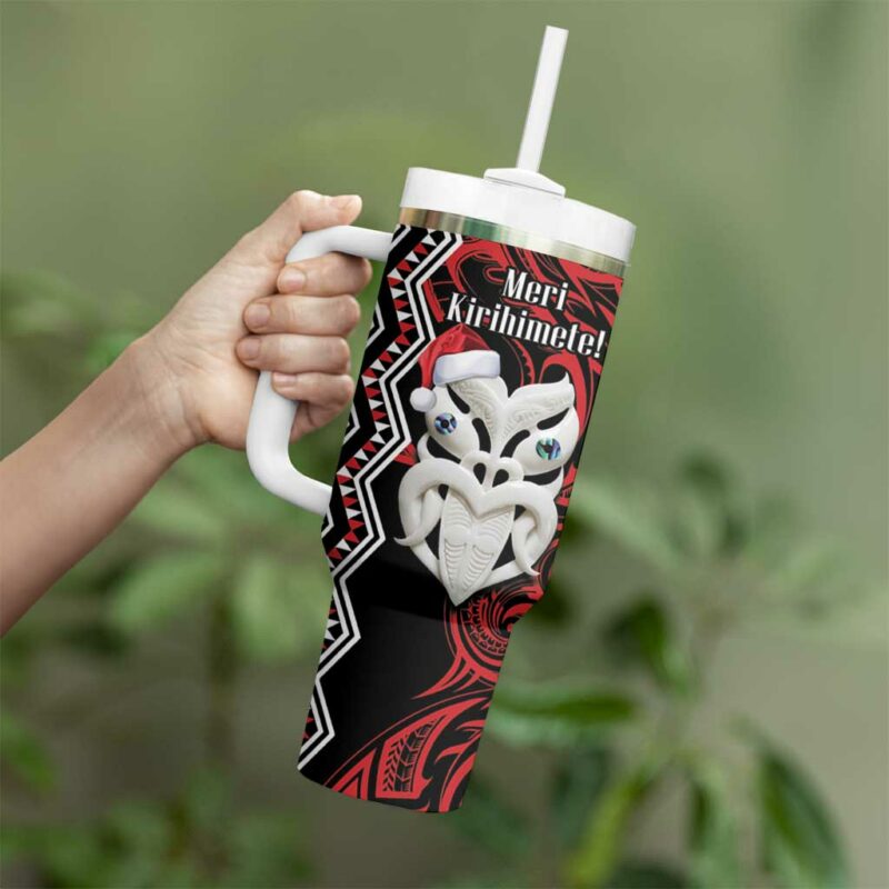New Zealand Christmas Meri Kirihimete Maori Wheku Taniko Art Custom Stanley Quencher 40oz Stainless Steel Tumbler With Handle - Threewoofs - Image 3