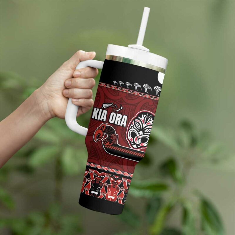 New Zealand Culture Kia Ora Aotearoa Moko Tattoo Mask Custom Stanley Quencher 40oz Stainless Steel Tumbler With Handle - Threewoofs - Image 3