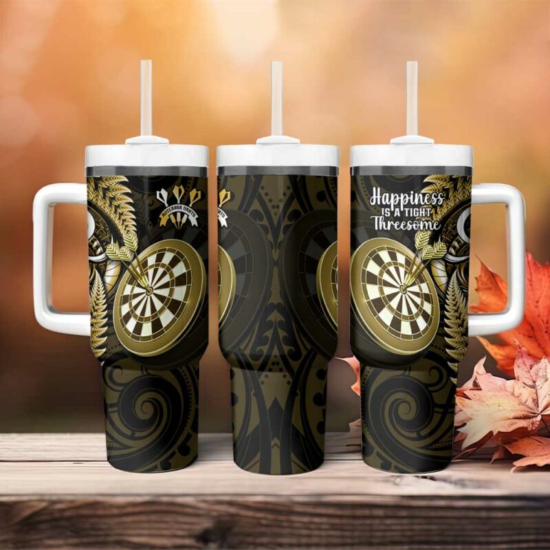 New Zealand Darts Happiness Is A Tight Threesome Maori Gold Custom Stanley Quencher 40oz Stainless Steel Tumbler With Handle - Threewoofs - Image 4
