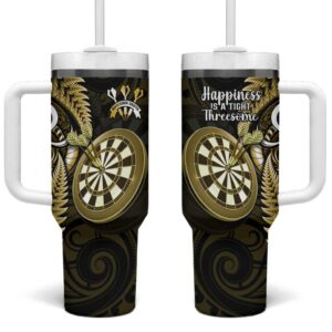 New Zealand Darts Happiness Is A Tight Threesome Maori Gold Custom Stanley Quencher 40oz Stainless Steel Tumbler With Handle - Threewoofs