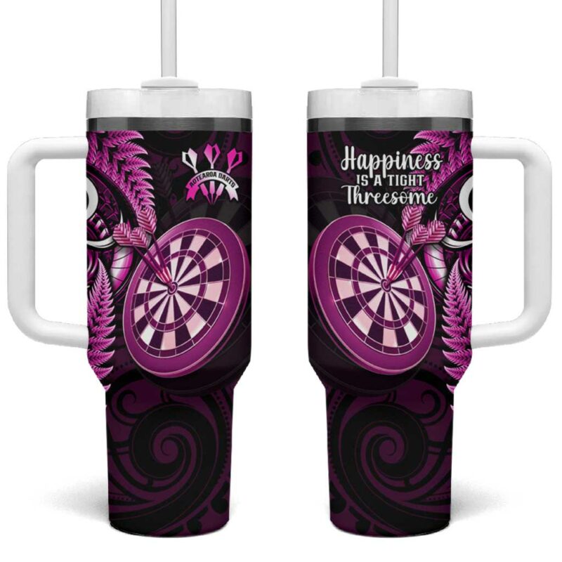 New Zealand Darts Happiness Is A Tight Threesome Maori Pink Custom Stanley Quencher 40oz Stainless Steel Tumbler With Handle - Threewoofs - Image 2