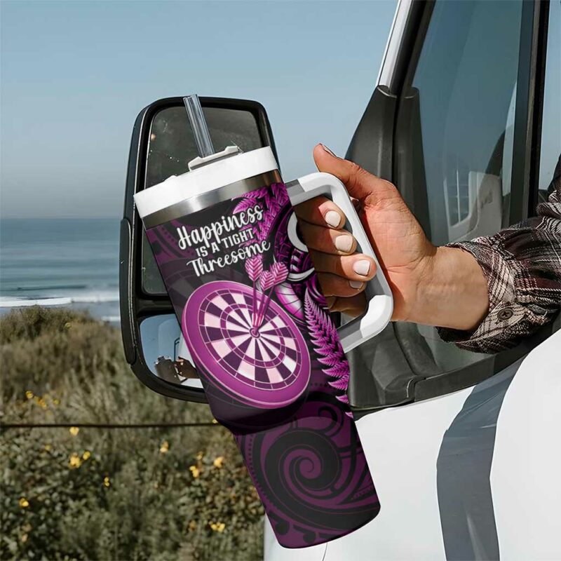 New Zealand Darts Happiness Is A Tight Threesome Maori Pink Custom Stanley Quencher 40oz Stainless Steel Tumbler With Handle - Threewoofs - Image 7