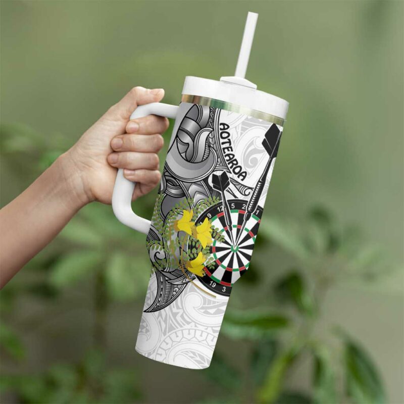 New Zealand Darts Kowhai Floral with Maori Tattoo Custom Stanley Quencher 40oz Stainless Steel Tumbler With Handle - Threewoofs - Image 3