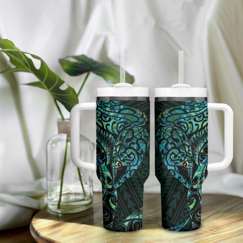 New Zealand Eel Tuna Aotearoa Maori With Paua Shell Turquoise Custom Stanley Quencher 40oz Stainless Steel Tumbler With Handle - Threewoofs - Image 9