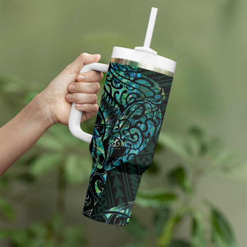 New Zealand Eel Tuna Aotearoa Maori With Paua Shell Turquoise Custom Stanley Quencher 40oz Stainless Steel Tumbler With Handle - Threewoofs - Image 3