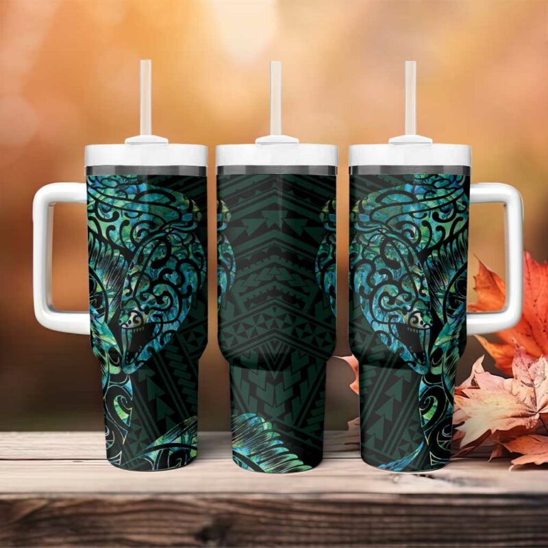 New Zealand Eel Tuna Aotearoa Maori With Paua Shell Turquoise Custom Stanley Quencher 40oz Stainless Steel Tumbler With Handle - Threewoofs - Image 4