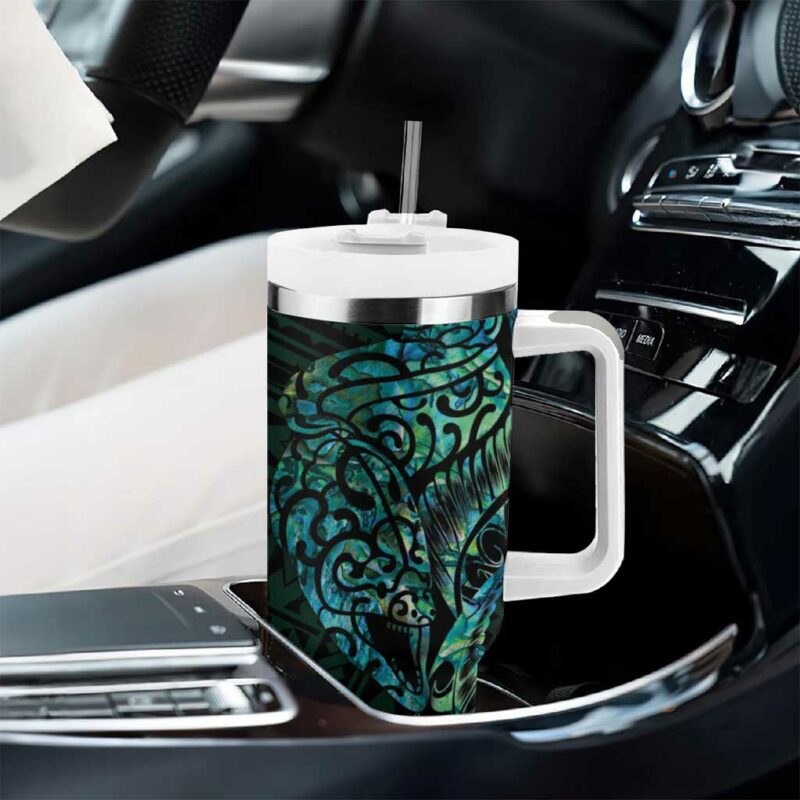 New Zealand Eel Tuna Aotearoa Maori With Paua Shell Turquoise Custom Stanley Quencher 40oz Stainless Steel Tumbler With Handle - Threewoofs - Image 8