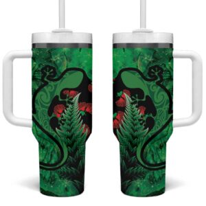 New Zealand Gecko Christmas Meri Kirihimete Paua Shell Mix Pohutukawa Custom Stanley Quencher 40oz Stainless Steel Tumbler With Handle - Threewoofs