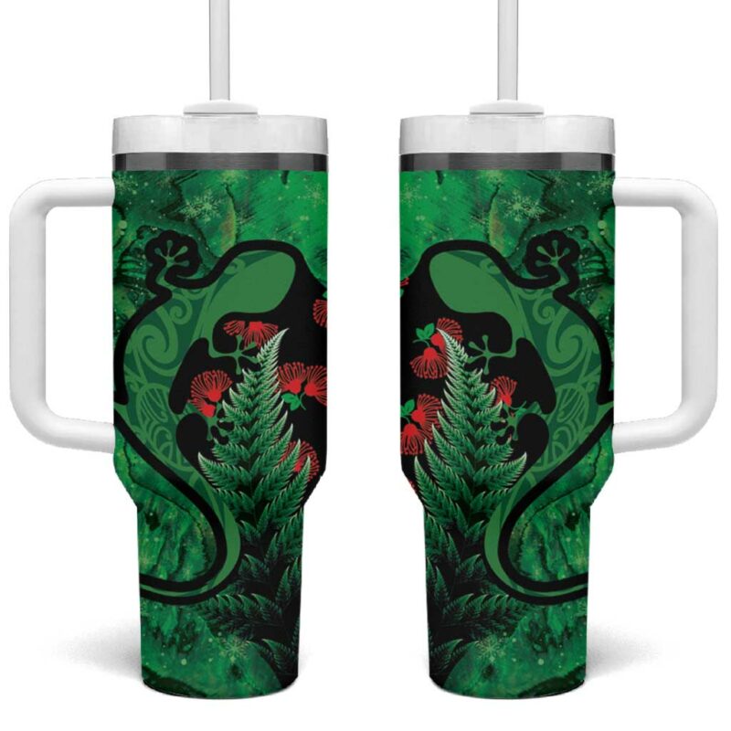 New Zealand Gecko Christmas Meri Kirihimete Paua Shell Mix Pohutukawa Custom Stanley Quencher 40oz Stainless Steel Tumbler With Handle - Threewoofs - Image 2